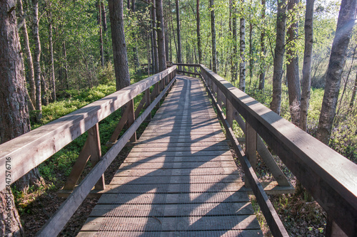 A wooden bridge over swamps in sweden. Store Mosse National Park. Green forest. © Maciej