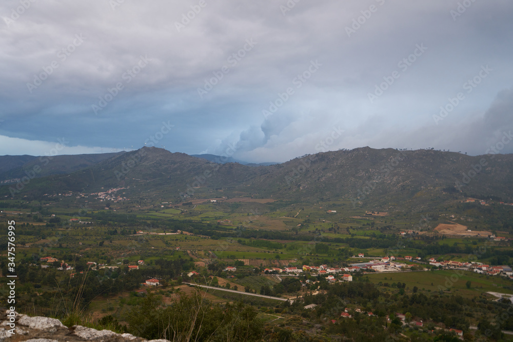 View of Serra da Estrela natural park mountains landscape at sunset from the roadside, in Portugal