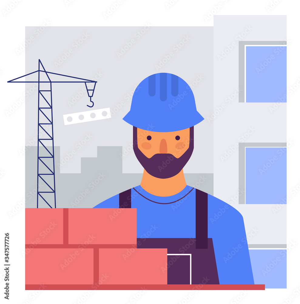 The Builder builds a brick wall. Flat stylized illustration The Builder builds a brick wall. Flat stylized illustration