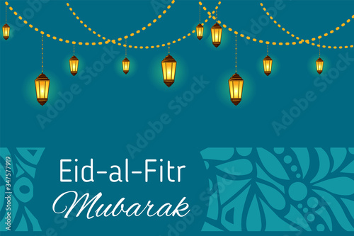Greeting card template for Muslim Community Festival Eid Al Fitr Mubarak with decorative ornament.