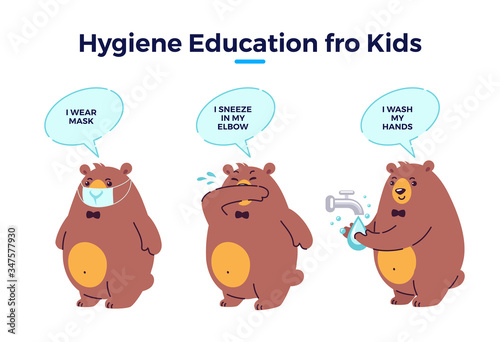 Hygiene for kids, illustration steps to prevent virus infection. Cute cartoon bear character wearing protective mask, correctly sneezing coughing in elbow, washing hands with soap. Vector
