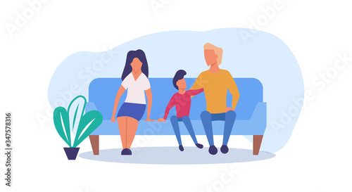 Fototapeta Naklejka Na Ścianę i Meble -  Family enjoying time together with child vector cartoon illustration. Father, mother and son fun lifestyle activity playing. Happiness parent love concept. Home leisure spend pastime parenthood banner