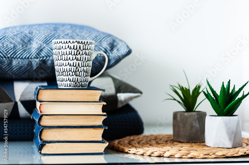 Cozy home interior decor: white and black cup, stack of books, plants in pots on a wicker stand, blue pillows on a white table in the room. Distance home education. Quarantine concept of stay home.