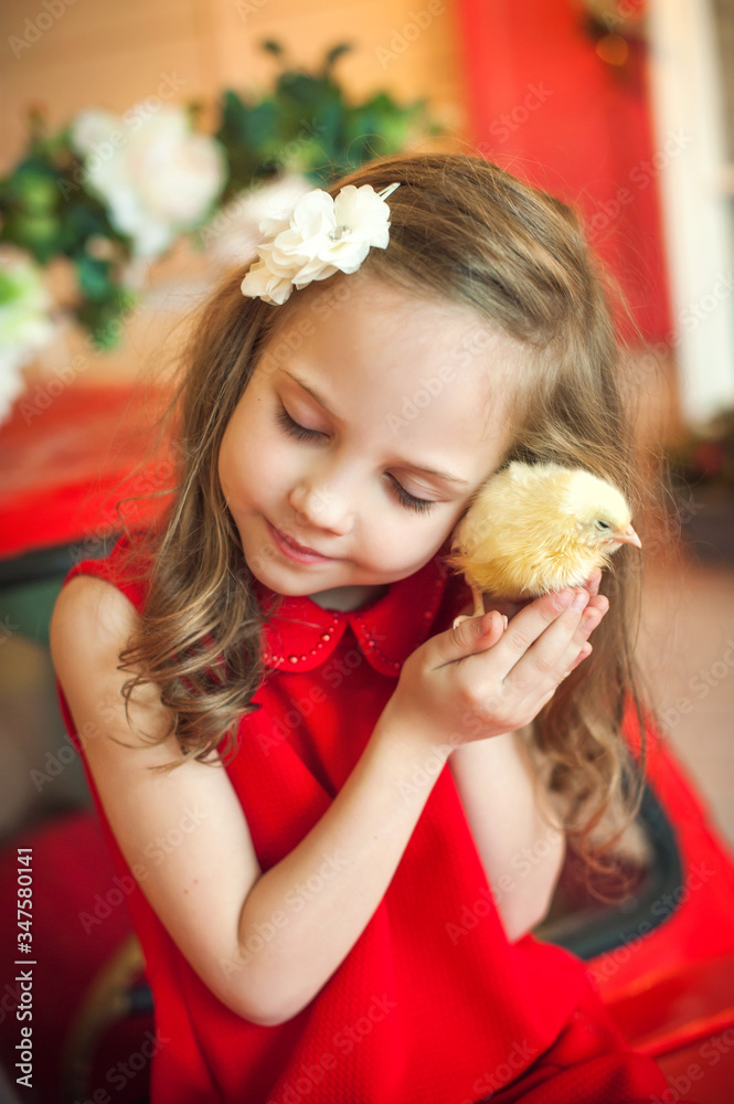 girl gently hugs a chicken. Closeup portrait of a girl. Easter is approaching Chick and the girl.