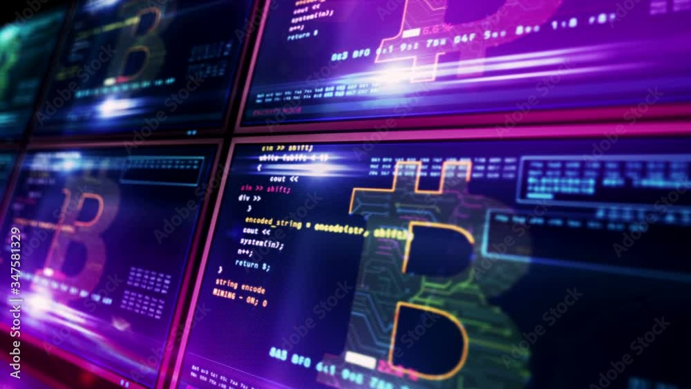 Bitcoin mining on moving computer screens. Digital cryptocurrency, cyber money and digital banking concept 3d loopable and seamless animation with glitch effect.