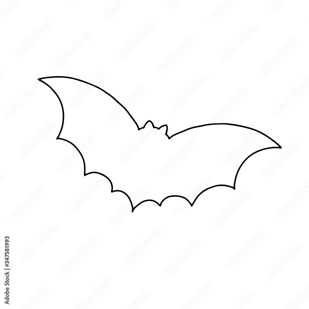Naklejka premium Vector outline illustration of a simple fancy Halloween bat animal, isolated object on the white background, clipart useful for halloween party decoration, hand drawn image, cartoon spooky character