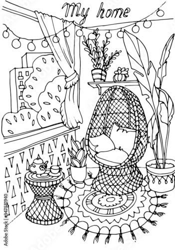coloring interior wicker chair on the balcony a table with tea party