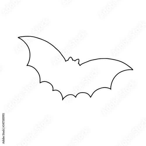 Vector outline illustration of a simple fancy Halloween bat animal, isolated object on the white background, clipart useful for halloween party decoration, hand drawn image, cartoon spooky character