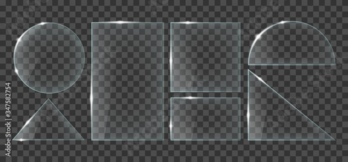 Glass plates set. Square shape, rectangle, triangle and round. Transparent elements. Shiny glass shapes with glare. Realistic vector illustration isolated on transparent background.