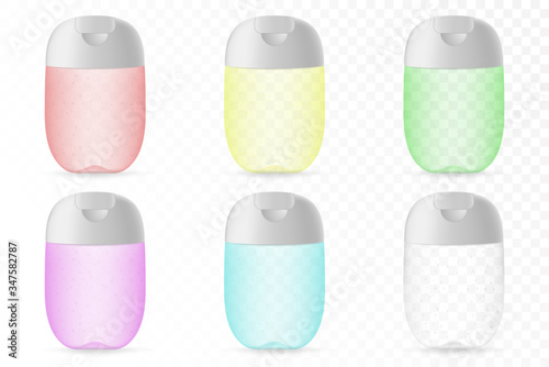 Hand wash sanitizer set. Different colors and smells alcohol cleaner. Pocket dispenser mockup for your product. Vector illustration isolated on white background.