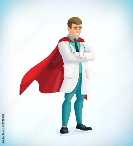 Super doctor cartoon character. Superhero doctor with hero cloaks. Healthcare vector concept. Medical concept. First aid. Healthcare workers vs covid19