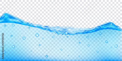 Translucent water wave in light blue colors with air bubbles, isolated on transparent background. Transparency only in vector file