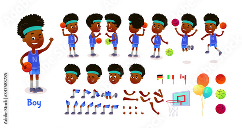 Boy character constructor. Cartoon boy creation mascot kit. Character creation set poses and emotions for animation and illustrations. Cute little cartoon girl.