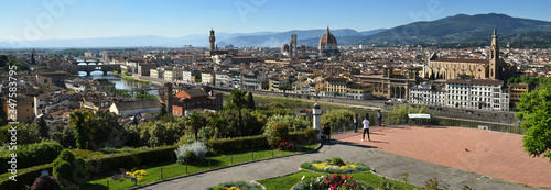 Cityscape of Florence from Piazzale Michelangelo. From Left to Right, Old Bridge, Cathedral of Santa Maria del Fiore and Basilica of the Holy Cross. Italy. photo