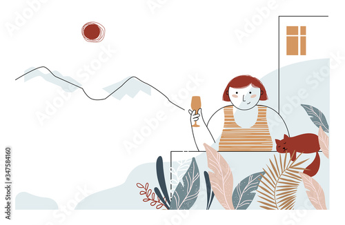 Vector abstract illustration of a beautiful girl drinking wine on the balcony of a house.