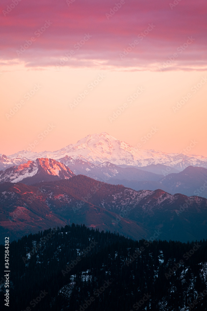 Glacier Peak in Washington State at sunrise from a distance