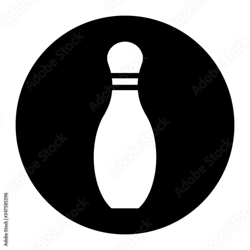 Bowling skittle icon on black circle. White background