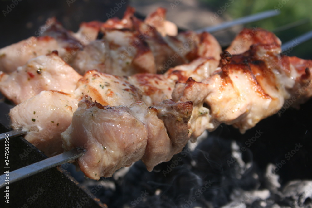 a pork meat on the grill in the spring garden