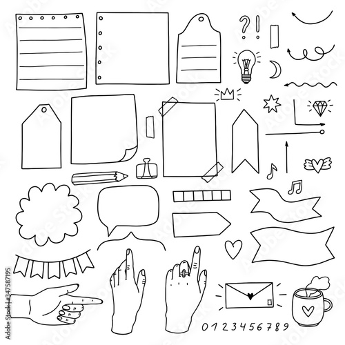 Set of elements for bullet journal. Collection of doodles for the daily planner, weekly planner. A black line on a white background.