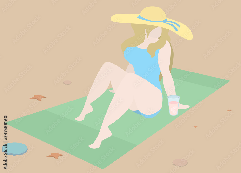 A full girl sunbathes on the beach sand in a swimsuit.