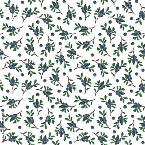 Seamless pattern of hand-drawn gouache and watercolor isolated twigs and blueberries on a white background. Interesting fashionable botanical natural background for prints 