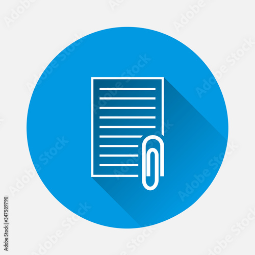 Vector document icon and paper clip. Business document icon on blue background. Flat image with long shadow.