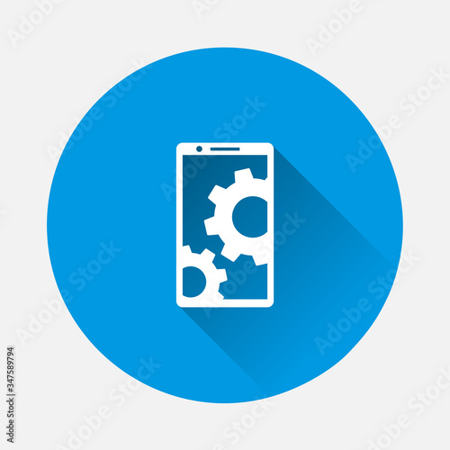 Vector icon payment smartphone. NFC technology icon on blue background. Flat image with long shadow.
