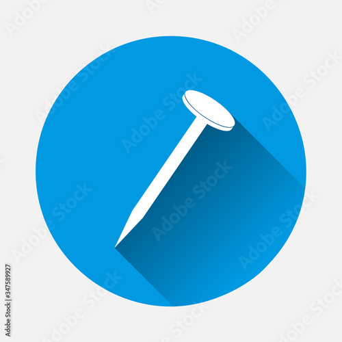 Construction nail icon on blue background. Flat image with long shadow.