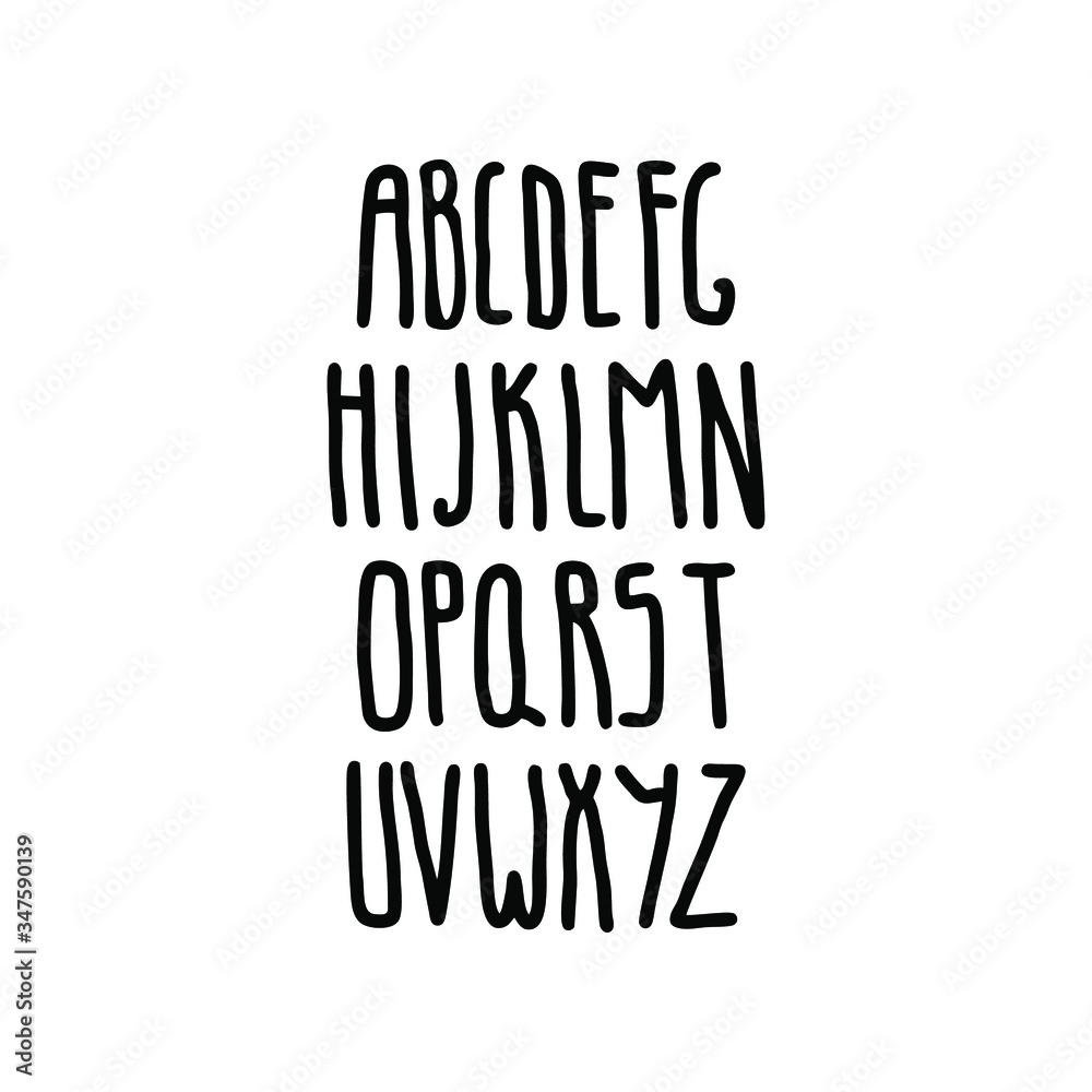 Obraz premium Alphabet on an isolated background. Letters in black and white, uppercase.The font is high and thin. The concept of text, lettering, description. Web pages, headers. The font by hand. Vector.