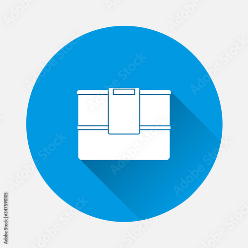 Vector icon of lunch box, food container on blue background. Flat image with long shadow.