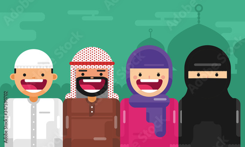 Happy arabic family vector flat illustration. Joyful muslim parents smiling with little kid. Saudi young people in hijab outfit. together feeling love.