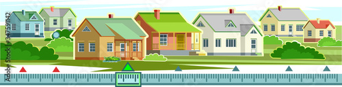 Countryside houses vector scenery. Rent, purchase, sale of housing, houses. Country side village. Rural street, homes. Settlement. Suburban Landscape, Skyline. Cottages with plots. Background image.