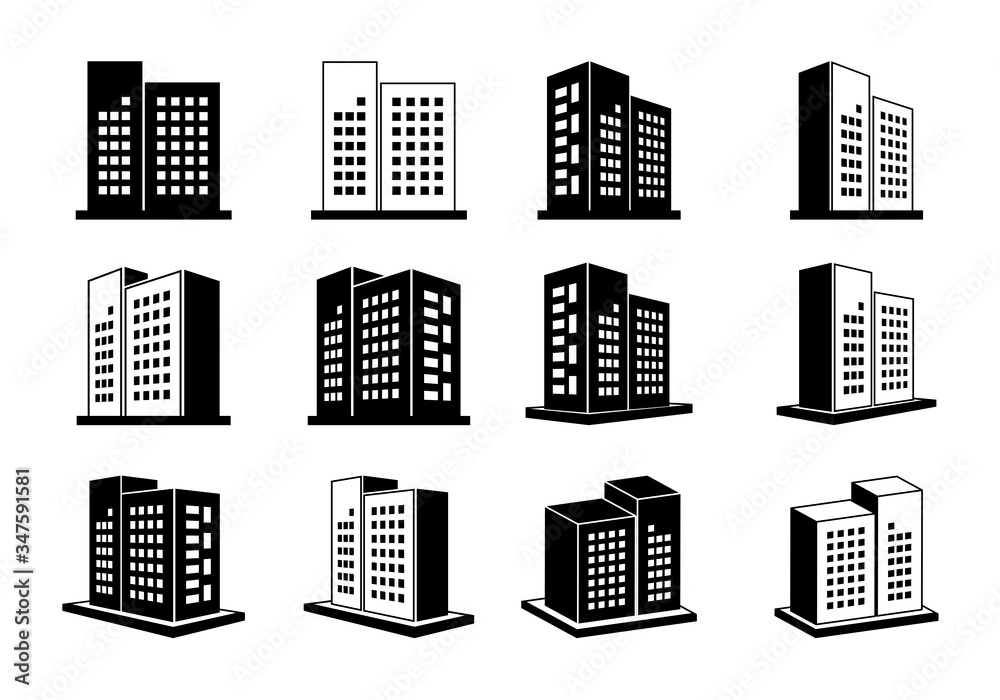 Icons building and company, 3D Vector bank and office collection on white background, Line black edifice and residential, Set apartment and condo illustration