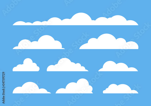 Cloud icons set on blue background, Flat cloudy vector collection, White clouds group design