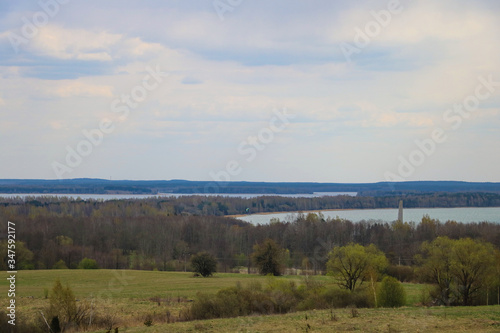 View of the big blue lakes on a cloudy day, selective focus.