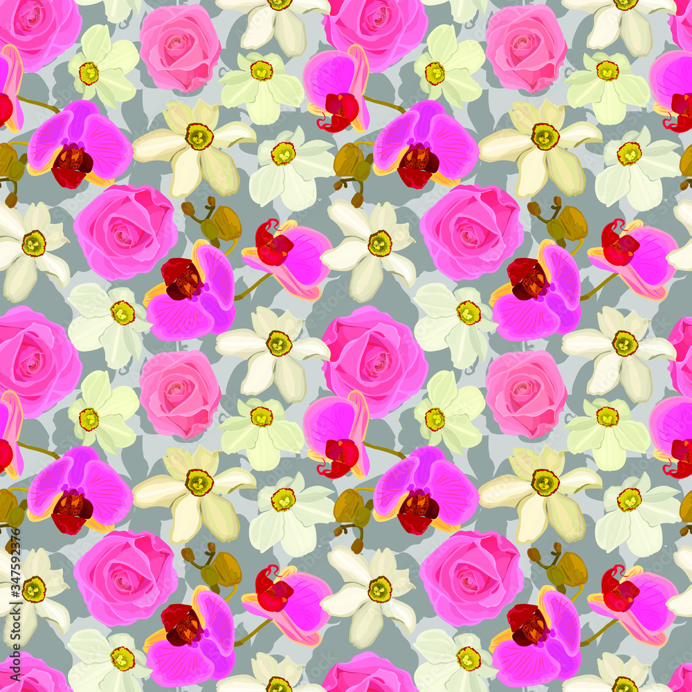 Floral seamless pattern of orchids, roses, daffodils. Eps10 vector illustration Floral seamless pattern of orchids, roses, daffodils. Eps10 vector illustration
