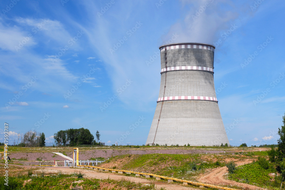 Russian Power plant with two coolers and violet flowers around it Russian Power plant with two coolers and violet flowers around it