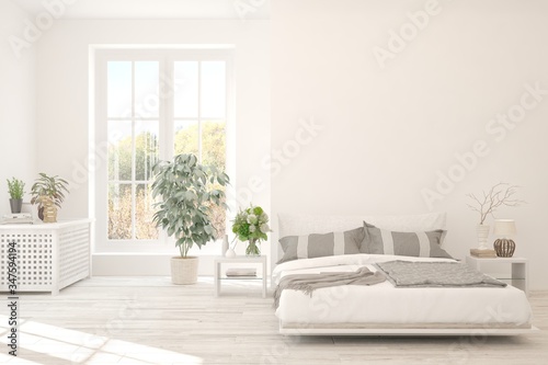 White bedroom interior. Scandinavian design. 3D illustration