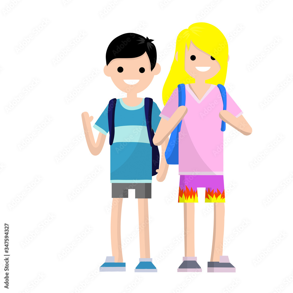 Couple in summer clothes. Students boyfriend and girlfriend with backpacks. Travelers man and girl. Communication friends. Cartoon flat illustration.