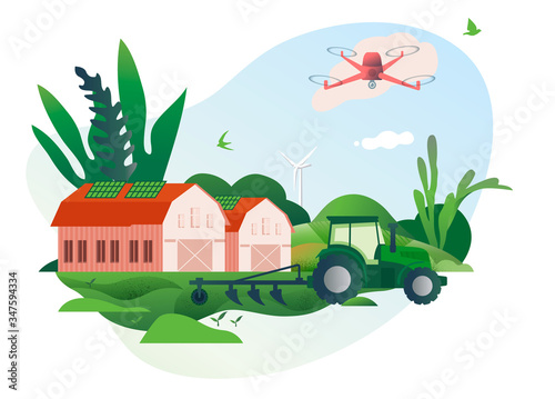 Spring and summer. Vector illustration of a Smart farm with wireless management, ranch, rural scene, farming, farming, animal husbandry. High technologies and innovations. Scientific research.