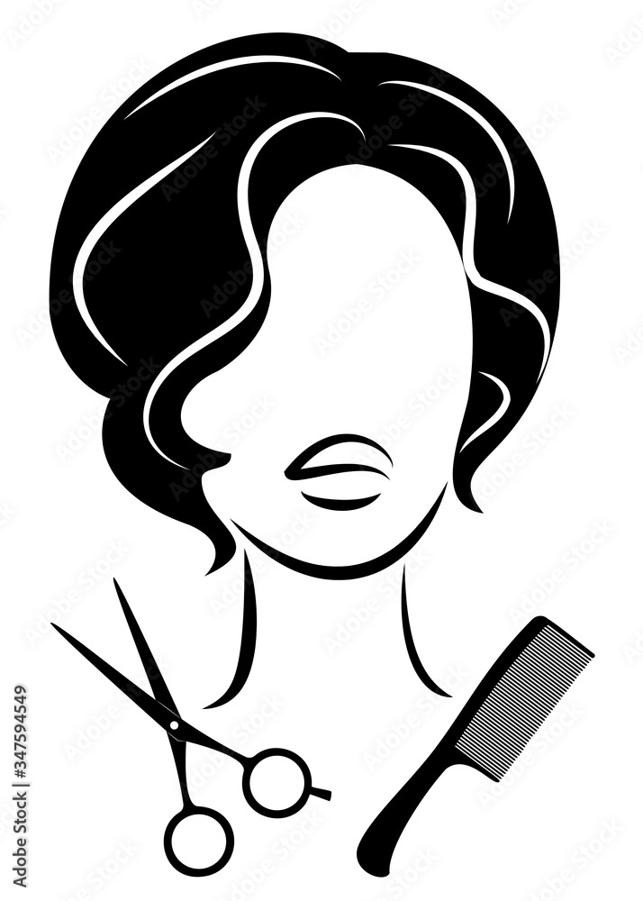 Silhouette of a cute lady. The girl shows a hairstyle on medium and long hair and scissors. Suitable for logo, hairdresser advertising. Vector illustration Silhouette of a cute lady. The girl shows a hairstyle on medium and long hair and scissors. Suitable for logo, hairdresser advertising. Vector illustration