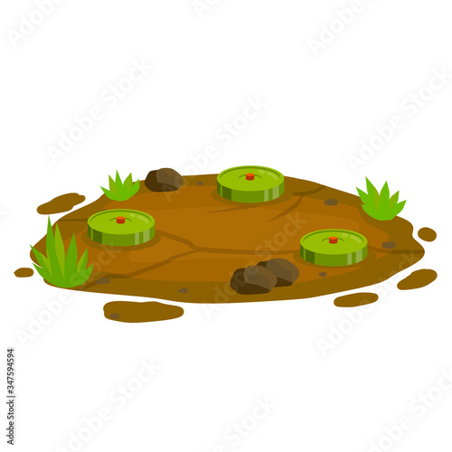Minefield. Set of mines on ground. Rocks and grass. Explosive element of war. Cartoon flat illustration. Green lawn with bombs. Modern warfare landscape