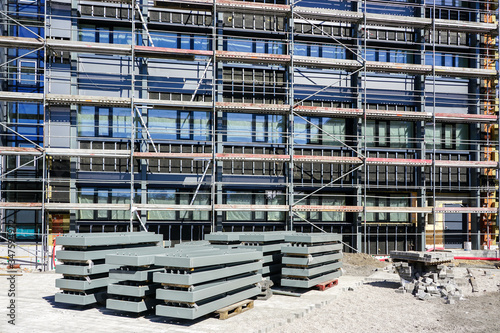 decorative house facade finishing panels on a house renovation construction site