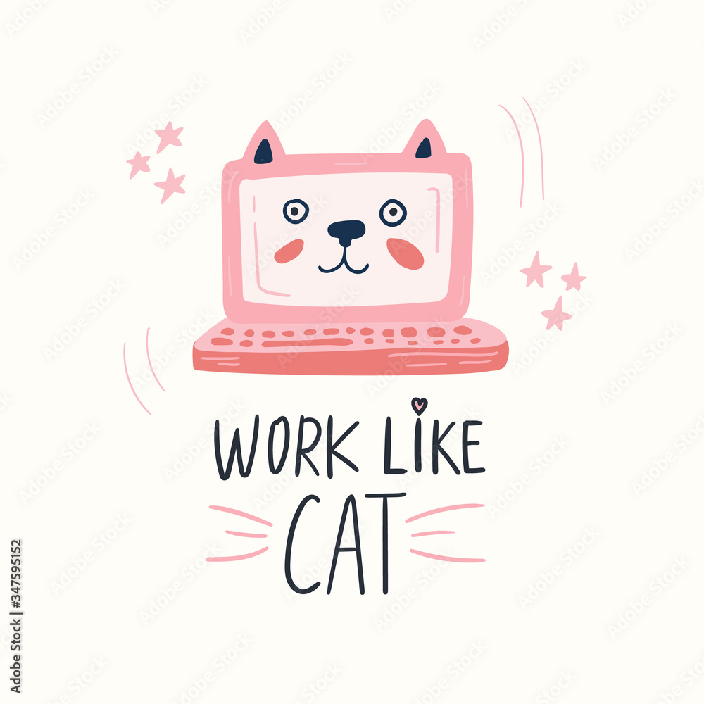 Cat. Animal character. Work at home, coworking space, concept vector illustration. For poster design, kids print, greeting card, social media post, cards, textile. Scandinavian style. Cat. Animal character. Work at home, coworking space, concept vector illustration. For poster design, kids print, greeting card, social media post, cards, textile. Scandinavian style.