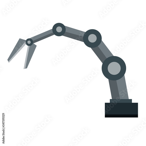 Mechanical robot arm. Element conveyor plant. Automatic capture and the collector. Industrial technical Iron appliance. Cartoon flat illustration
