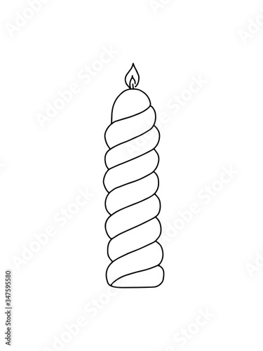 Vector outline illustration of a simple candle, isolated object on the white background, clipart useful for Christmas holidays decoration, hand drawn image, doodle style