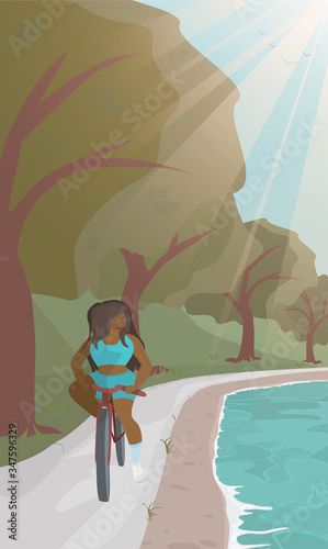 A plump woman is engaged in cycling in a park near a pond. Vertical background
