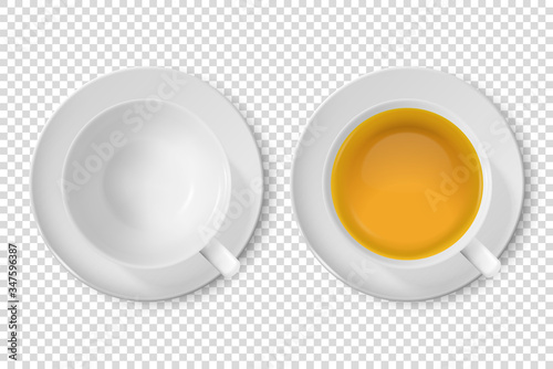 Vector 3d Realistic White Porclean, Ceramic Empty Tea Cup, Mug and with Green Tea Closeup Isolated on Transparent Background. Design Template, Clipart. Top View