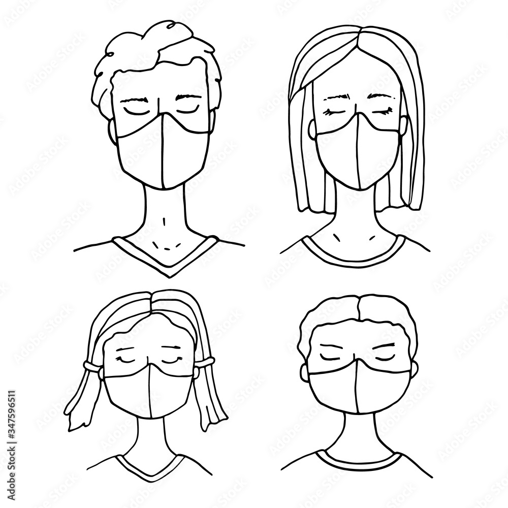 People wearing face masks. Hand drawn outline vector doodle man, woman and children in medical masks. Coronavirus protection, disease prevention concept. Protective masks respirators for healthcare.