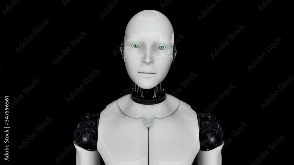 Futuristic robot humanoid turns on, moves its head and scans the environment. On a black background. Artificial intelligence. 4K. 3D animation. Futuristic robot humanoid turns on, moves its head and scans the environment. On a black background. Artificial intelligence. 4K. 3D animation.